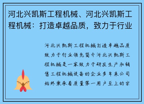 河北兴凯斯工程机械、河北兴凯斯工程机械：打造卓越品质，致力于行业领先