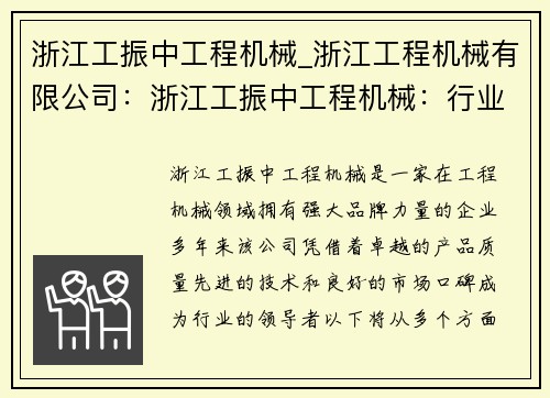 浙江工振中工程机械_浙江工程机械有限公司：浙江工振中工程机械：行业领先的品牌力量